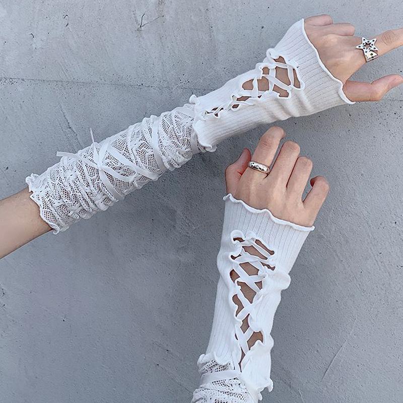 1Pieces Lolita Strapping Bow Fishnet Lace Fingerless Gloves Floral Elastic Mesh Handwear Mountaineering Gloves