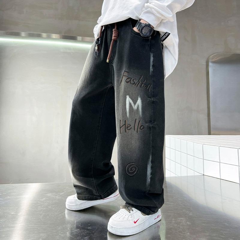 Boys' 2025 Autumn Jeans: Fashionable Wide-Leg Pants for Middle and Big Kids