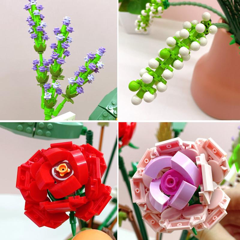 Mini růže Stavebnice DIY Květina v květináči Kytice 3D Model Domácí dekorace Vzdělávací hračky pro dívky Dárek