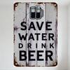Rustic Vintage 'Save Water Drink Beer' Metal Tin Sign with Beer Mug Silhouettes, Distressed Wooden Plank Look, Home Bar Man Cave