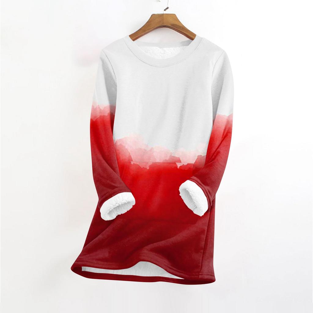 Women's Fashionable Printed Round Neck Long Sleeved Plush Warm Pullover Top
