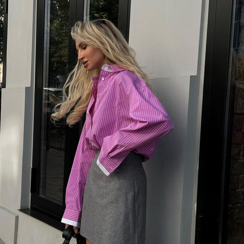 Spring 2026 New Women's Tops Simple Casual Color-Block Striped Long-Sleeve Shirt