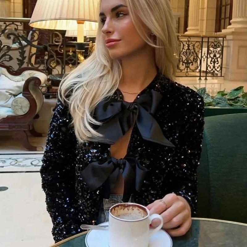 Elegant Bow Handmade Sequins Short Shirt Women Lace-Up Shinny Sweet Top New Fashion Long Sleeve O-neck Blouses Beautiful Thin Coat Casual Outwear