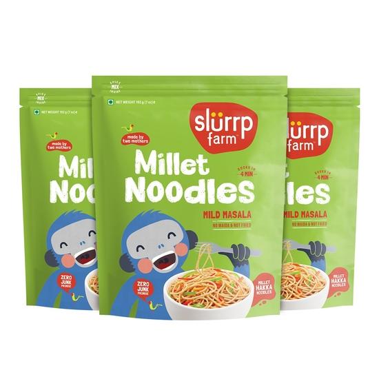 

Slurrp Farm No Maida Millet Noodles | Not Fried, No MSG | Mild Millet Noodles Pack of 3-192g Each 300GM