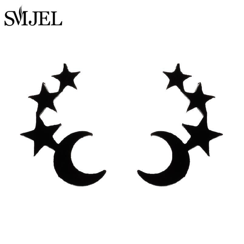 

SMJEL Black Cat Moon Earrings for Girls Stainless Steel Piercing Small Stud Earring Crescent Star Zircon Party Gift blak color