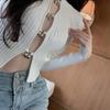 Autumn Korean Sweet Patchwork Solid Color O-neck Long Sleeve Cardigan Ladies Fashion Sexy Buttons Hollow Out Knitting Top Tee