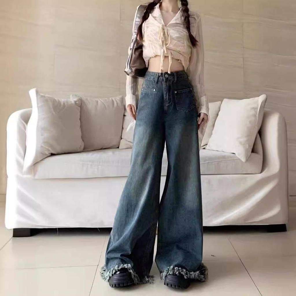 Summer 2024 Women's High-Waist Wide-Leg Retro Jeans with Raw Hem