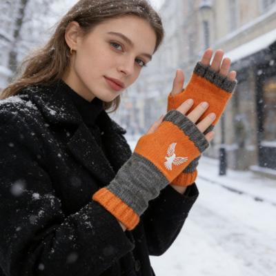 Knitted Fingerless Gloves Women Warm Gloves with Cute Embroidery Color Contrasting Breathable Knit Gloves