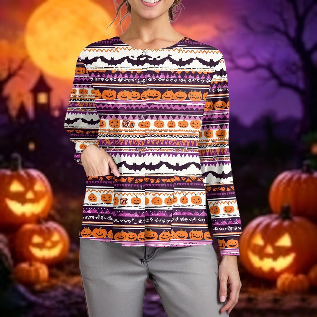 Women's Casual Long Sleeve Single Breasted Halloween Print Caregiver Cardigan Top Lightweight Comfortable Fit