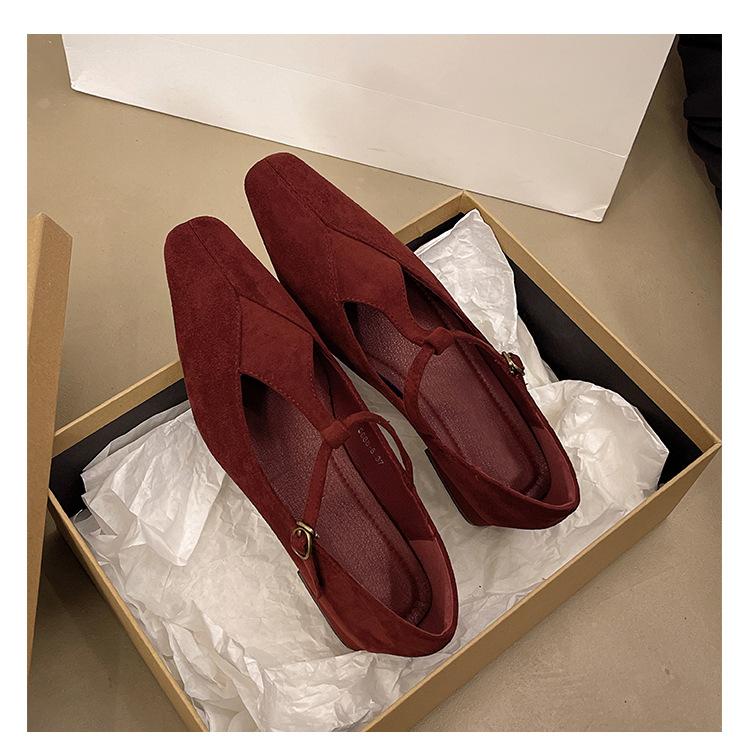 French small square head retro thick heel suede single shoes women's autumn design buckle Mary Jane shoes
