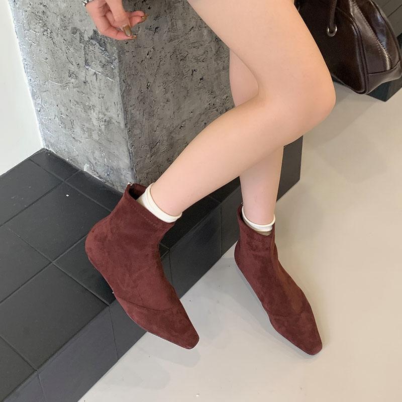 Fashion Fashion Flock Women Ankle Boots Zippers Shoes Female Pointed Toe Footwear Ladies Short Modern Boots With Low Heel Shoes