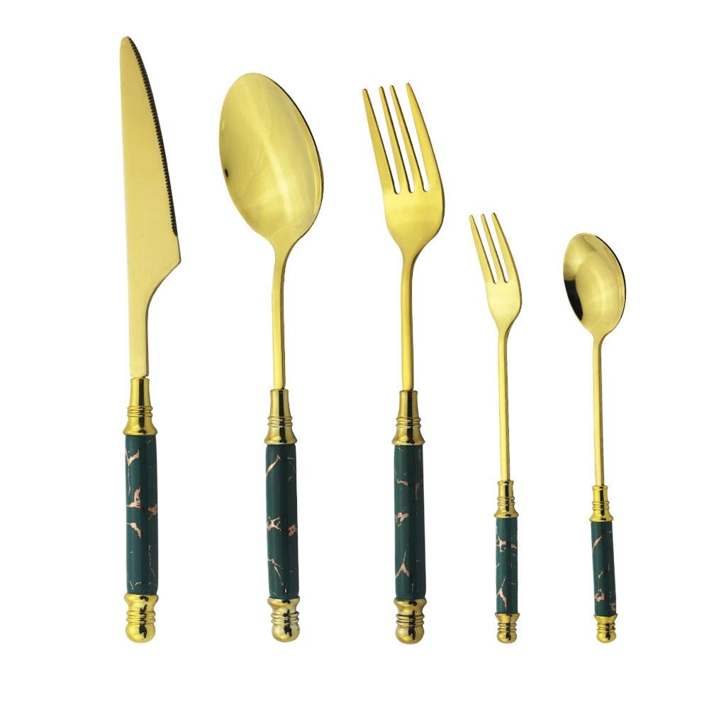 

Керамическая посуда, нож, вилка, ложка, чайная ложка, набор вилок для торта, винтажный набор столовых приборов из нержавеющей стали, набор посуды для ужина 5pcs золотой/зелёный
