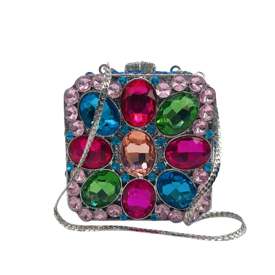 Clutch bag Crystal heavy industry clutch bag Small square box Hollow rhinestone dinner party bag разноцветный