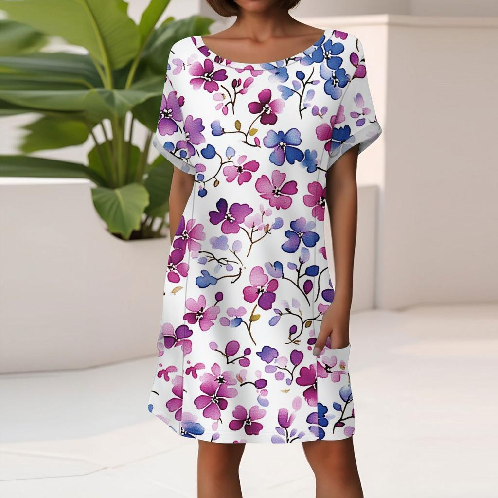 Damenmode Kurzarmkleid mit Taschen Blumendruck Lässiges Strandkleid
