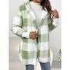 Damen Herbst- und Winter Kapuzen-Plaid Warmes Oberteil, Mittellange Plüsch-Cardigan-Jacke