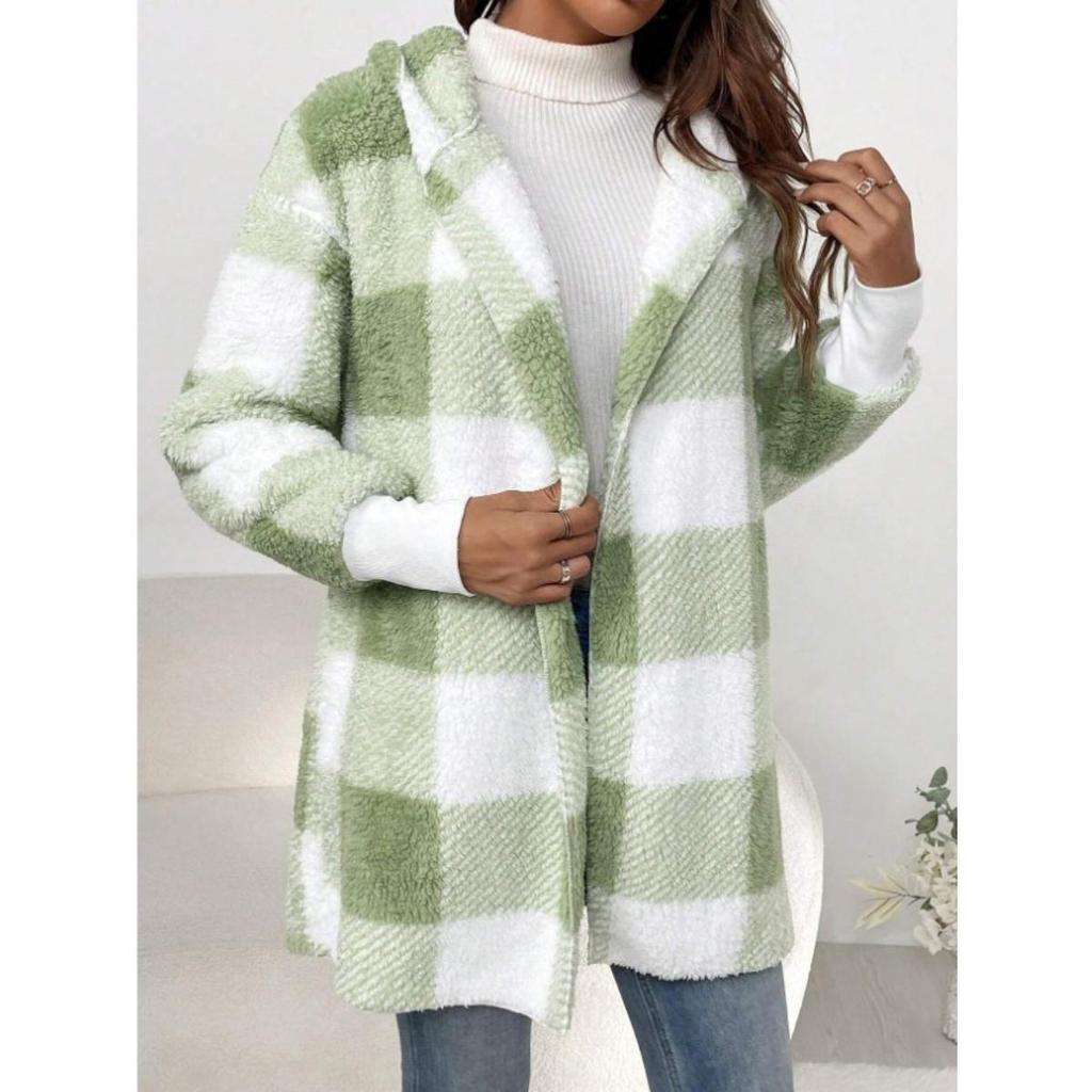 Damen Herbst- und Winter Kapuzen-Plaid Warmes Oberteil, Mittellange Plüsch-Cardigan-Jacke