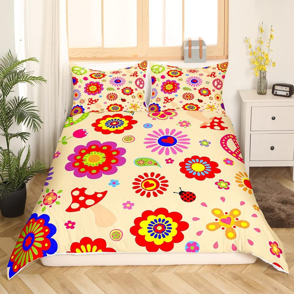 Retro Flowers King Queen Bedding Set Cartoon Vintage Floral Duvet Cover Boho Abstract Quilt Cover Soft Polyester Comforter Cover