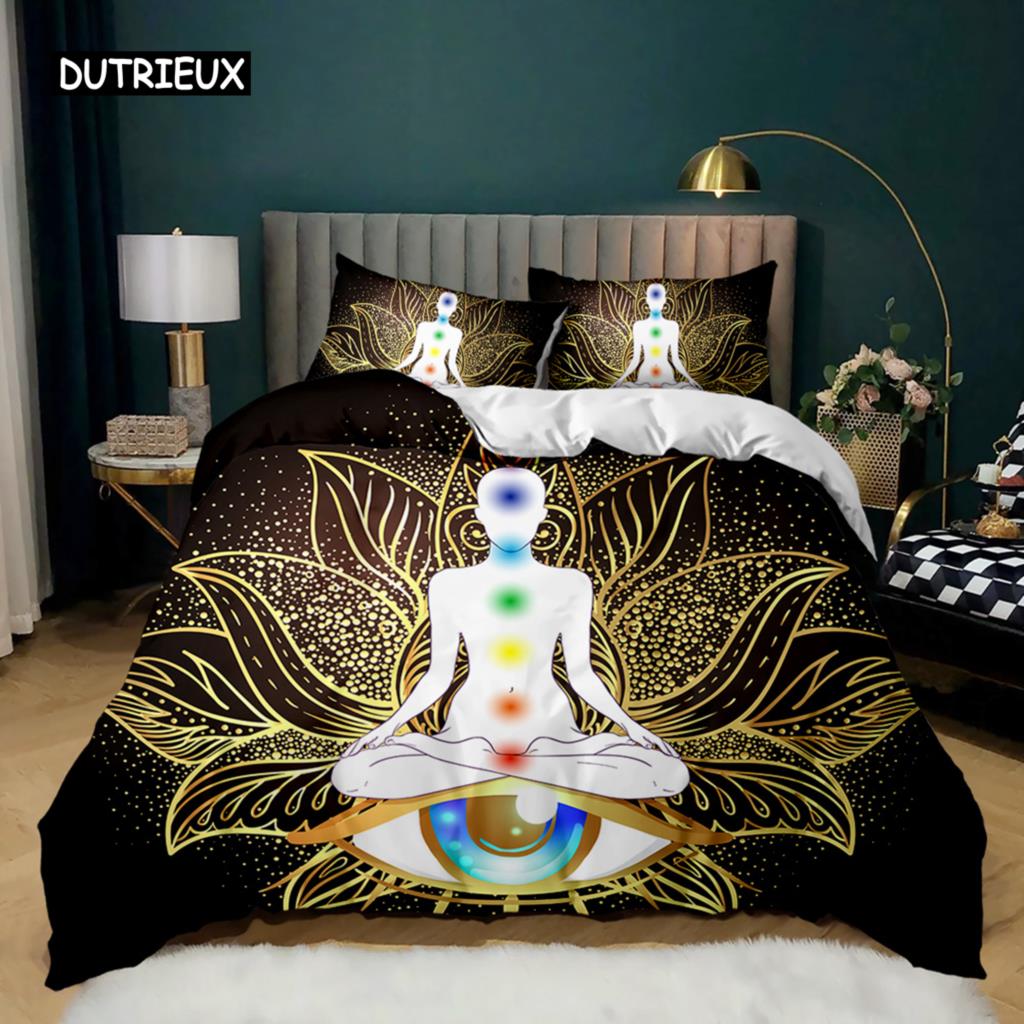 Buddha Duvet Cover Set Indian Art Bohemian Mandala Zen Themed Bedding Set Meditation Buddhist Lotus Floral Polyester Qulit Cover