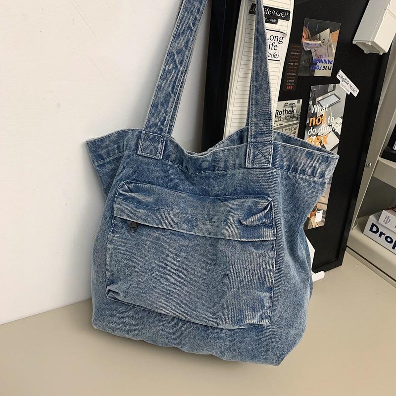 Classic Denim Tote Bag for Women – Lightweight & Durable with Front Zip Pocket, Perfect for Everyday Use