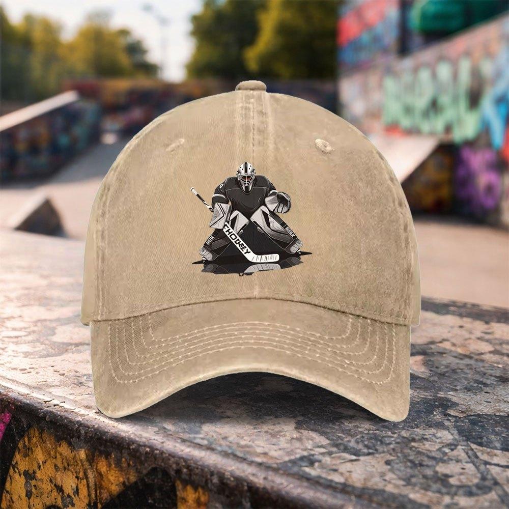 Ice Hockey Goalie Cap with Hockey Mask Print Duckbill Visor Lightweight Washed Baseball Hat for Unisex Women