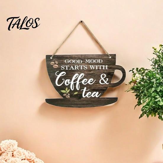 Rustic Home Wall Decor Wooden Coffee Bar Signs, Themed Hanging Sign, Cup Cafe Accessories Shape & Round Wood Plaque for Farmhouse Kitchen Corner
