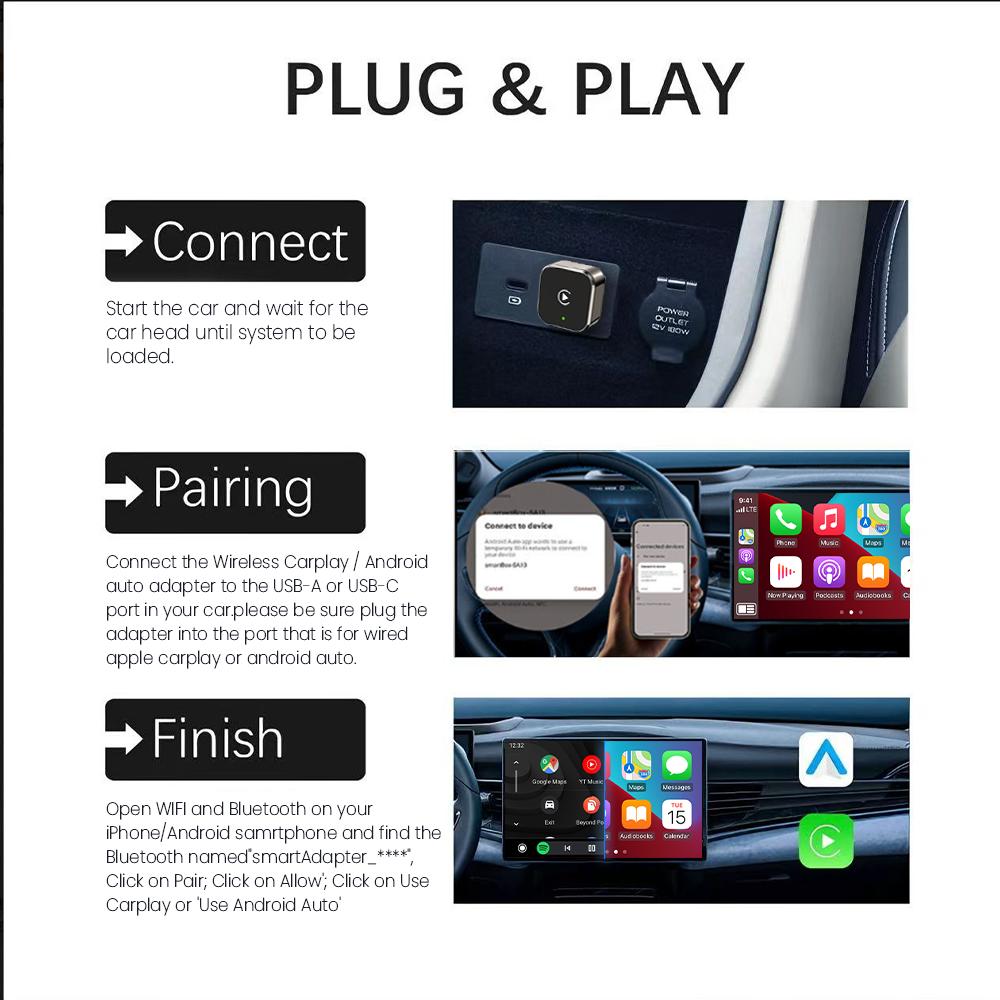 Wireless CarPlay Adapter, Supports Wired to Wireless Conversion for Android Auto and Apple Connectivity.