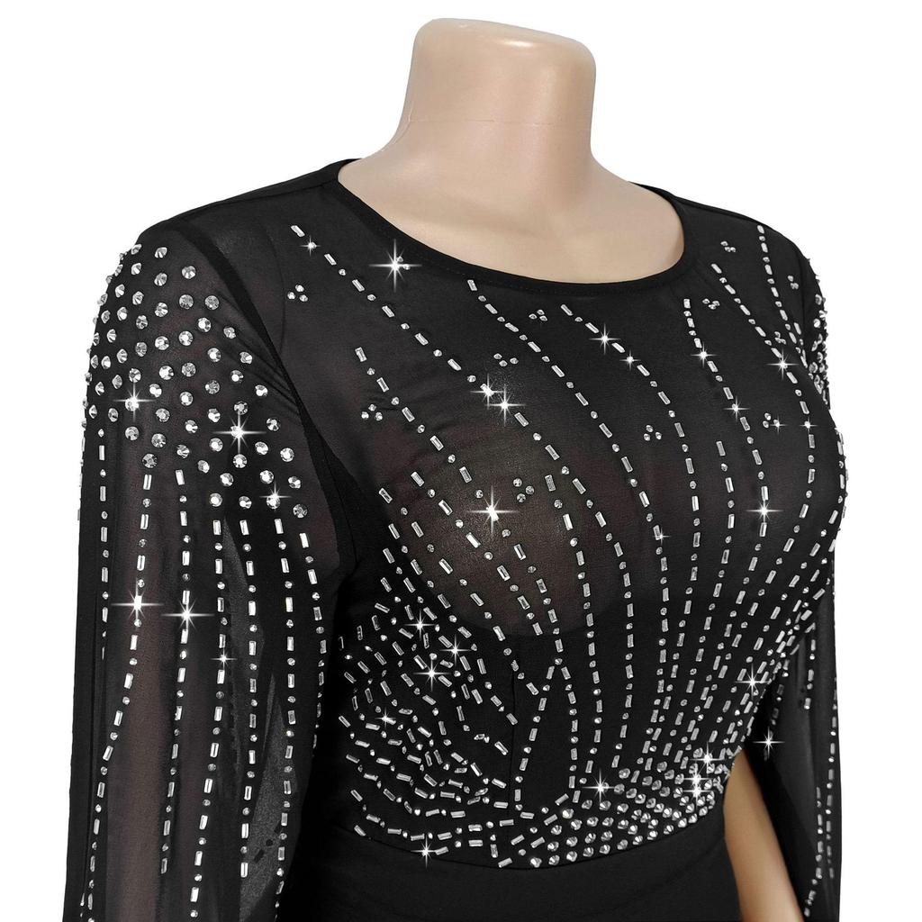 Elegant European & American Fashion Women's See-through Dress with Hot Drilling Details.