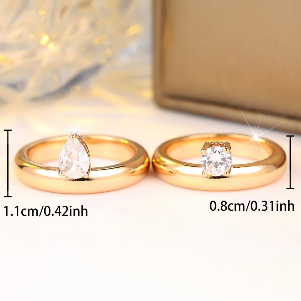 Elegant Gold Color Teardrop Round Zircon Ring Set for Women Daily Wear and Wedding