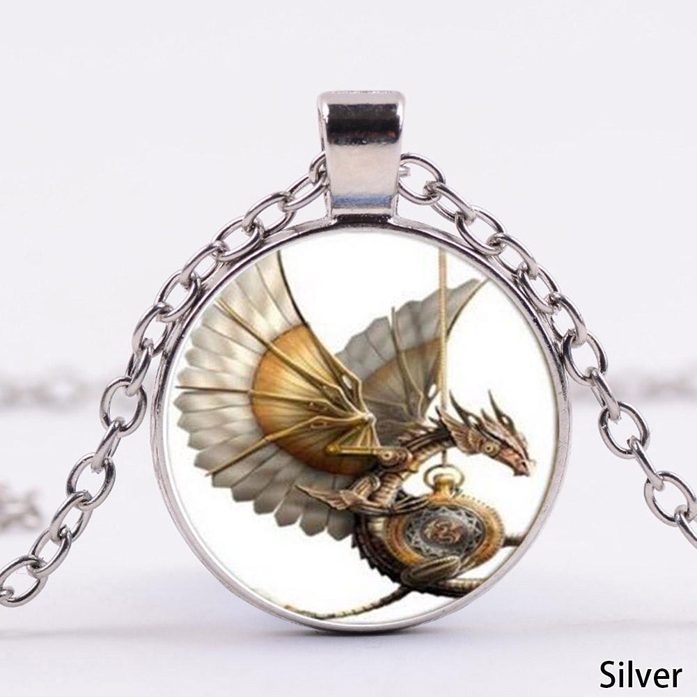 Vintage Steampunk Dragon Po Cabochon Glass Bronze Pendant Necklace