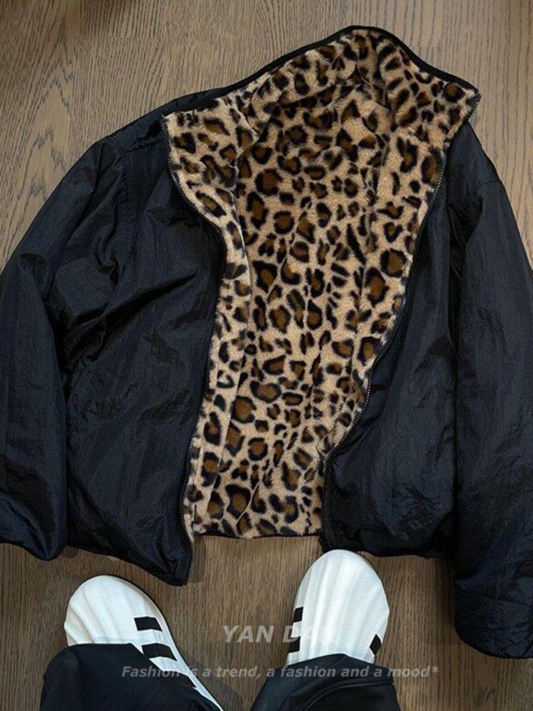 Men's Trendy Vintage Leopard Print Reversible Cotton Jacket with Thickened Anti-Rabbit Fur - American Retro Winter Coat