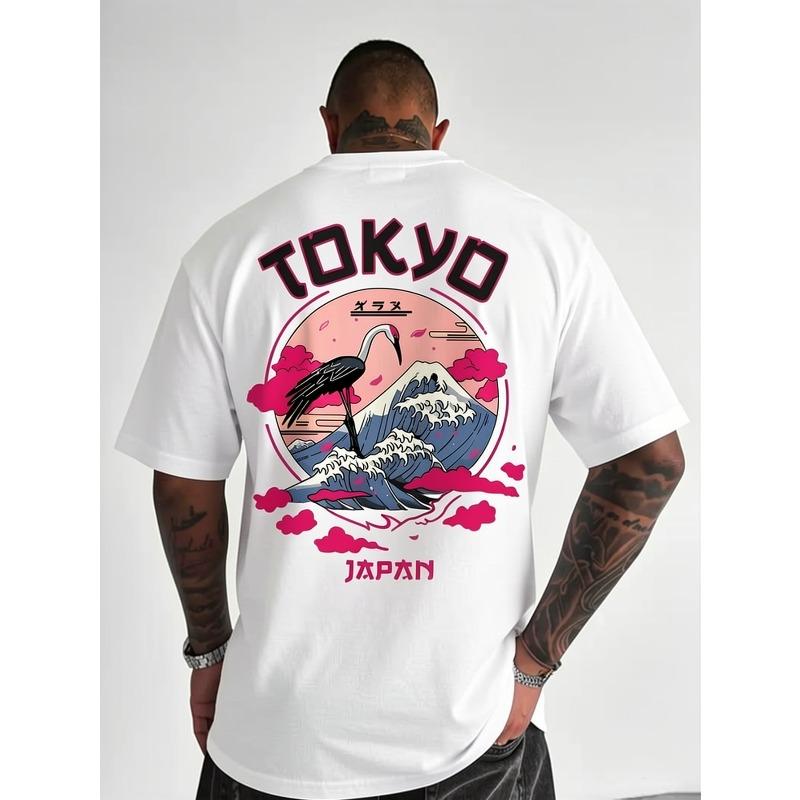 Tokyo-Themed T-Shirt Featuring Crane And Wave Designs, Comfortable, Crew Neck, Loose Fit, Ideal for Casual Wear And Travel