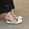 2025 New Square Head Shallow Mouth Fold Mary Jane Shoes Women's New Fall Rhinestone Pearl Buckle Low Heel Shoes