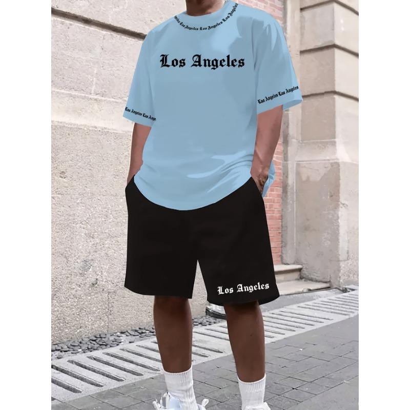 Los Angeles English Letter Pattern Men's Short Sleeved and Shorts Casual Sports Suit