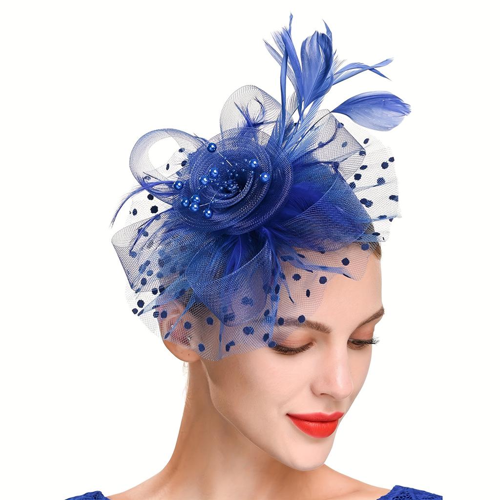 Elegant Fascinator Hat for Women with Floral and Mesh Design, Golden-Toned Headband with Fabric Feathers, Perfect for Weddings, Tea Parties, Halloween