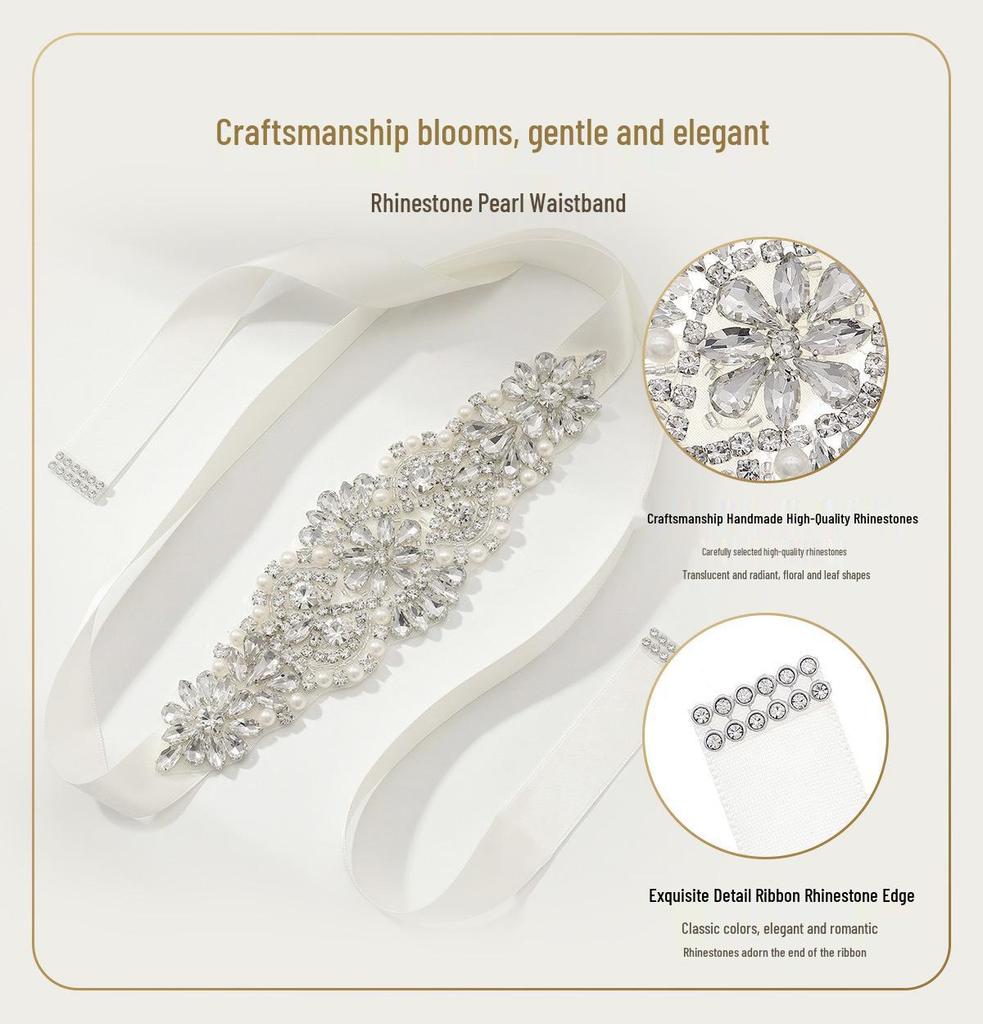 Elegant European & American Court-Style Pearl Rhinestone Hand-Sewn Bridal Waistband