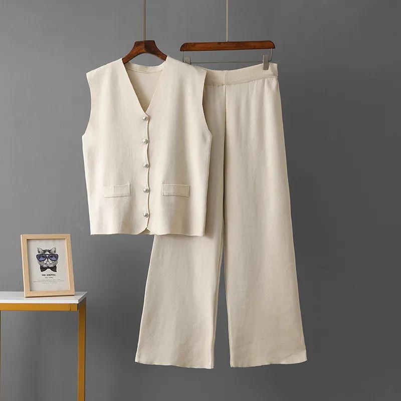 

Cross-Border Cardigan Single-Breasted Knitting Suit Spring and Summer Loose Vest V-neck Temperament Top Blazer Wide-Leg Pants Apricot All yards
