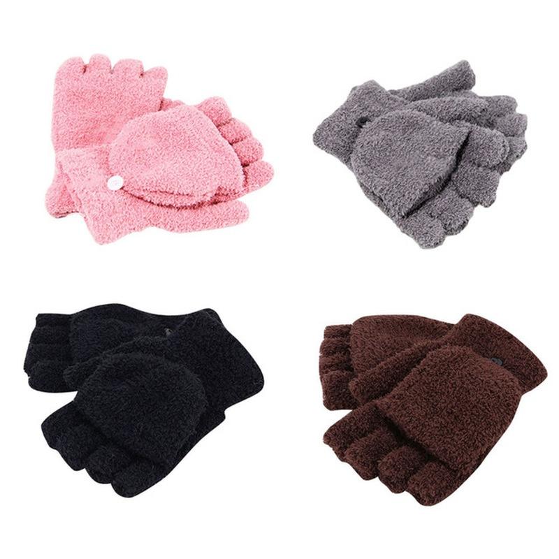 Girls Coral Velvet Flip Cover Half Finger Winter Hand Warmer Mittens Clamshell Gloves Flip Half