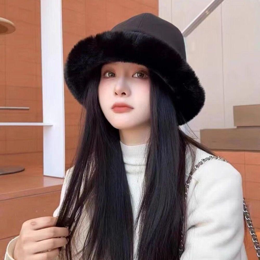 Wide Brim Fluffy Fur Bucket Hat Windproof Warm Cap Kawaii Winter Fisherman Hat  Streetwear