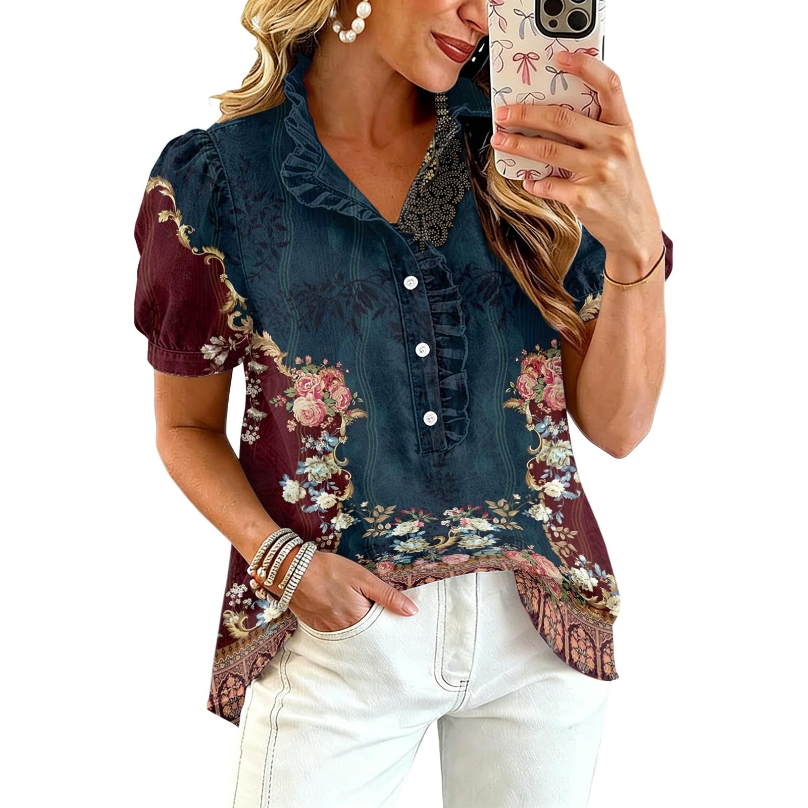 Women s Fashion Casual Ruffle V-Neck Print Blouse for Summer S