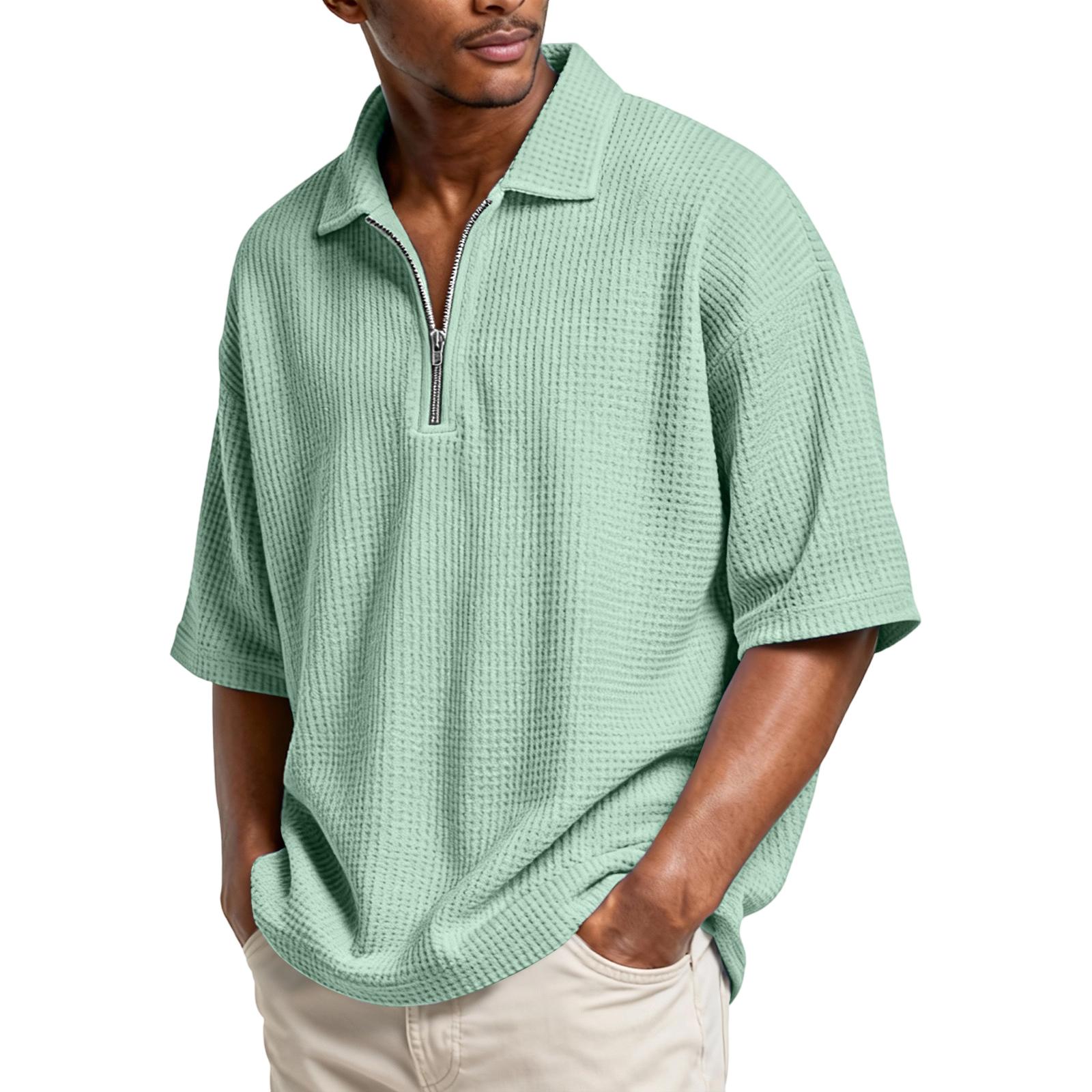 

Men s Basic Zipper Stand Collar Short-sleeved Shirt S