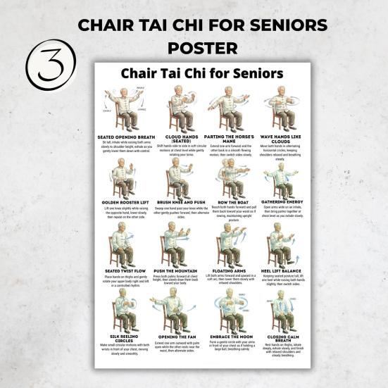 3Pcs Seated Tai Chi Practice Poster for Seniors Balance Stability Training