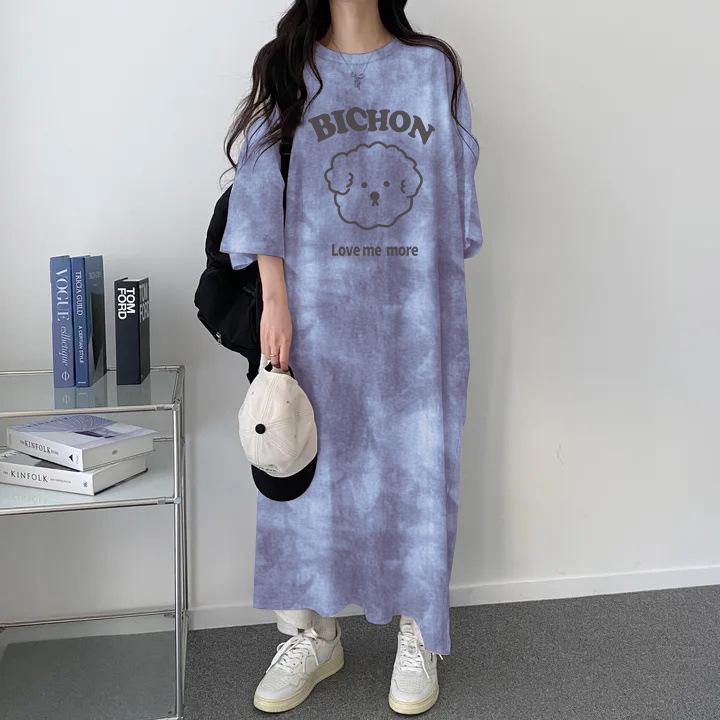 

Летнее платье с коротким рукавом в японском стиле тай-дай 2024 - Женское свободное повседневное миди-платье с принтом XL темно-синий