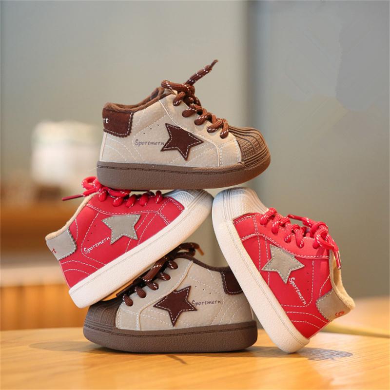 New Winter Baby Shoes Leather Short Fur Star Toddler Kids Shoe Soft Sole Outdoor Tennis Fashion Little Baby Boys Sneakers