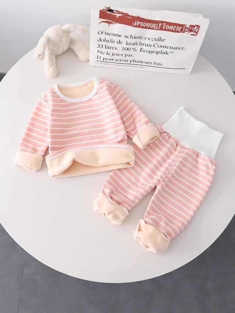 Children's Warm Striped High-Waist Underwear Set for Spring and Autumn - Plus Velvet for Babies, Toddlers, and Kids