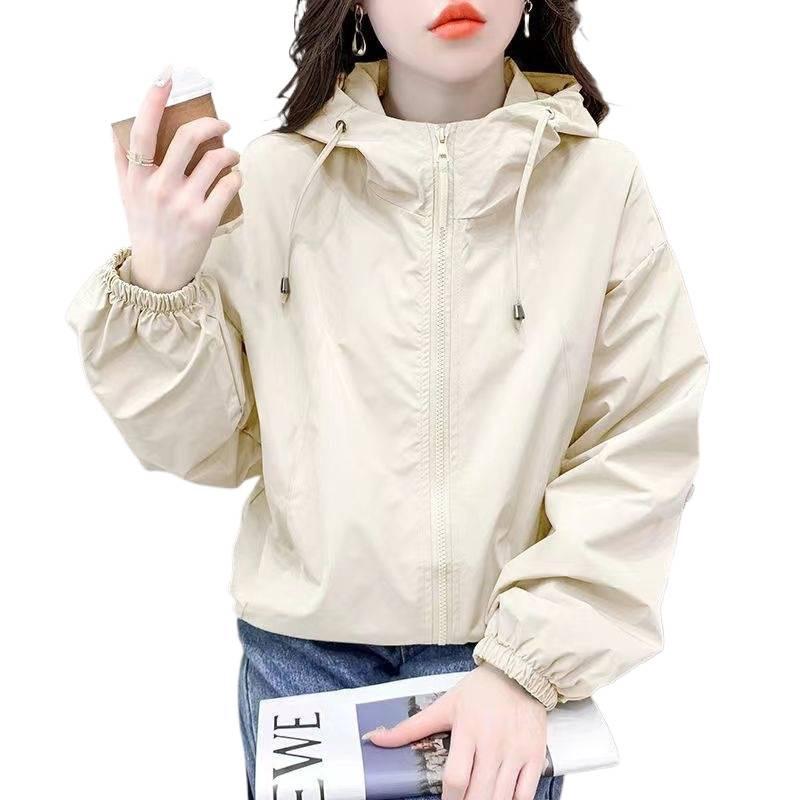 Women's Petite Solid Color Hooded Windbreaker - Loose, Double Zipper, Casual Jacket for Spring and Autumn
