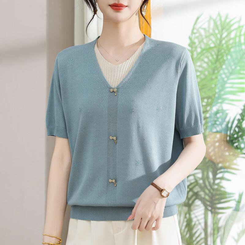 Hodo Women's Faux Two-Piece Short-Sleeve Ice Silk Knit Top