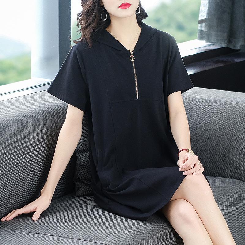 2025 Summer Casual Hooded Dress - Short Sleeve Sporty Loose Fit Plus Size Women's Clothing
