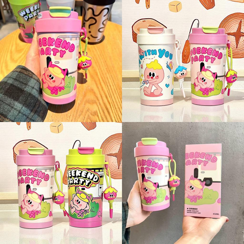 Cartoon Graffiti Insulated Bottle For Women And Kids With Leakproof Lid And Carrying Strap