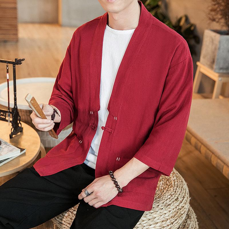 Mens Black Chinese Style Open Front Linen Blend Haori Jacket