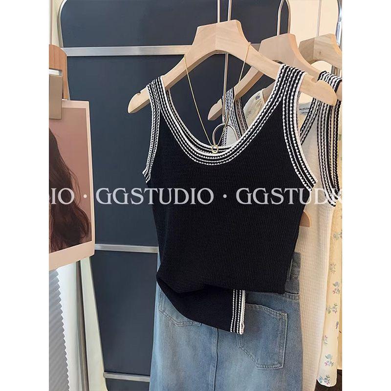 Women Summer Black Striped Trim Sleeveless Knit Tank Top Casual S чёрный